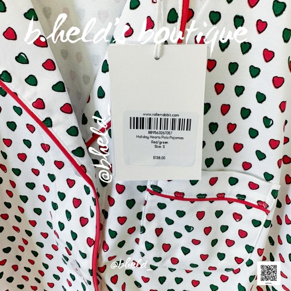 Roller Rabbit Holiday Hearts Polo Pajamas Red/Green Small Dreamland Day 12 NWT - Picture 6 of 13